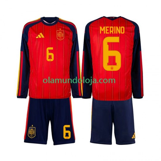 Camisola Espanha Mikel Merino 6 Criança Equipamento Primeiro Copa do Mundo 2026 Manga Comprida